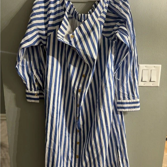 Banana Republic Factory Off-Shoulder Blue Striped Midi Dress - Picture 3 of 8